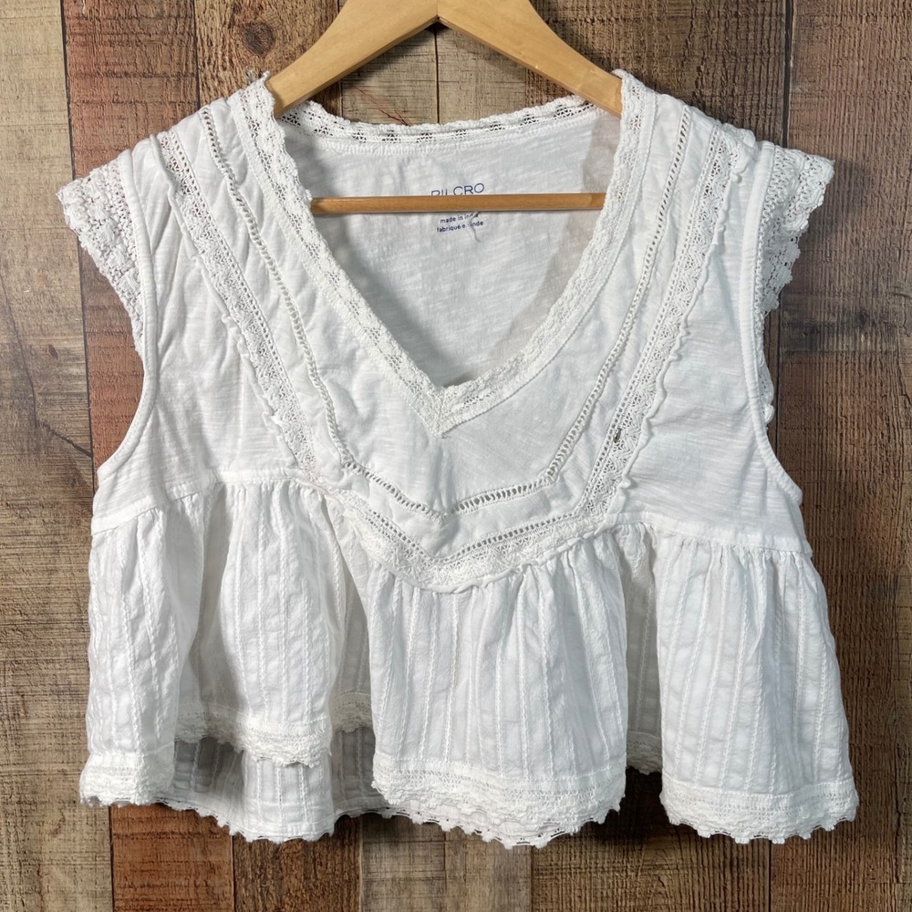 Pilcro Anthropologie White Cotton Crochet Lace Babydoll Crop Blouse Small Boho